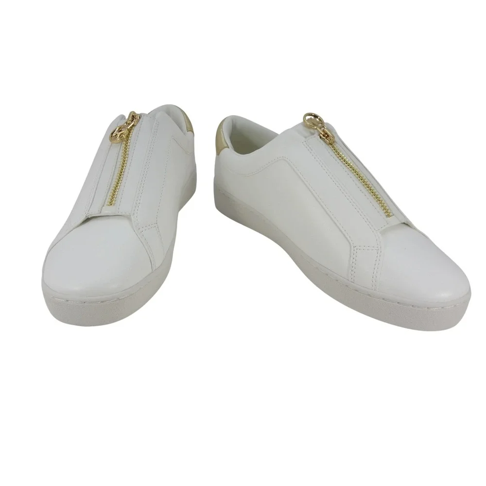 Michael Kors Sneaker Womens 9 White Excellent Front Zip Gold Logo FT25F Slip On